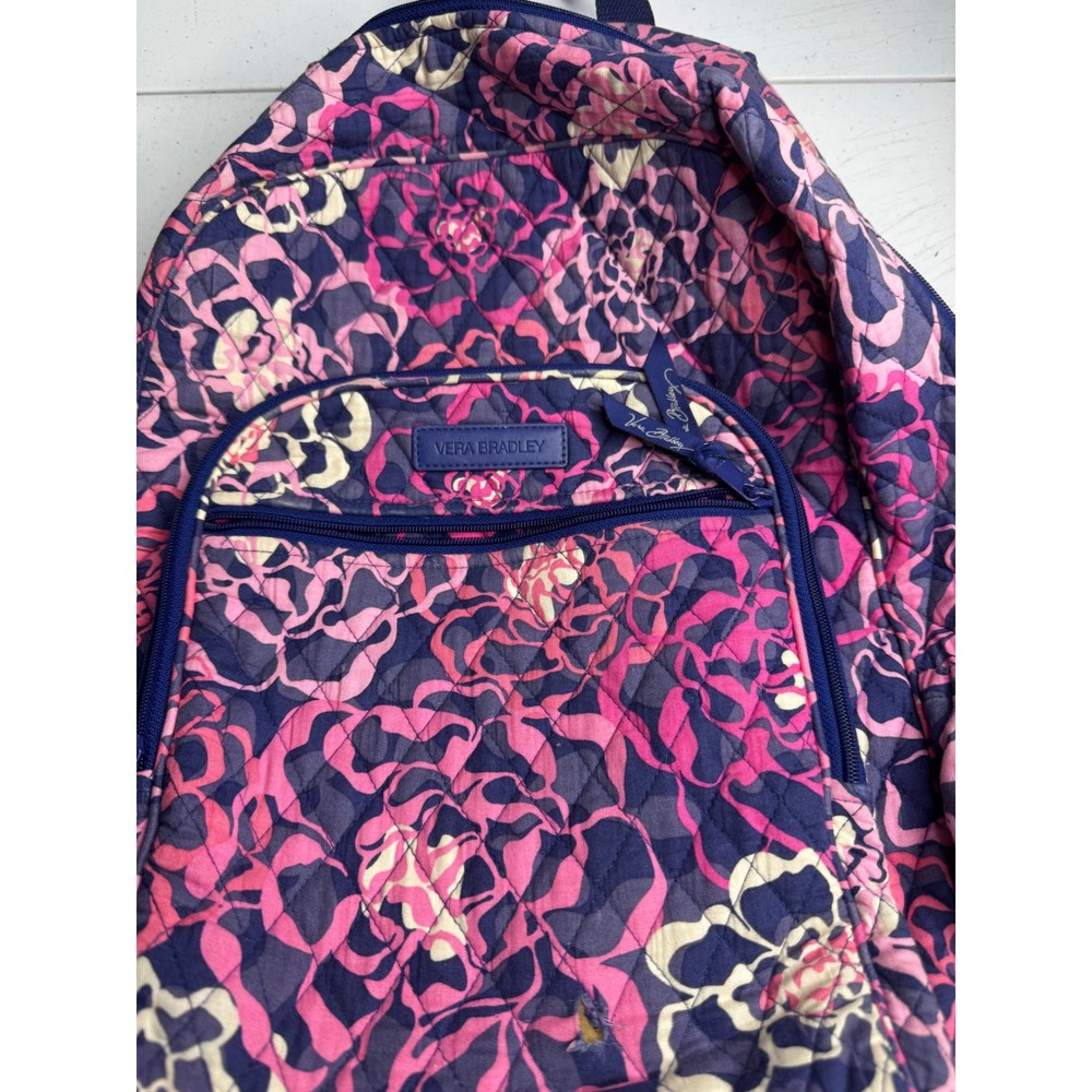 Vera Bradley Quilted Cotton Backpack Pink Navy Blue Floral School Travel Bag - Picture 2 of 16
